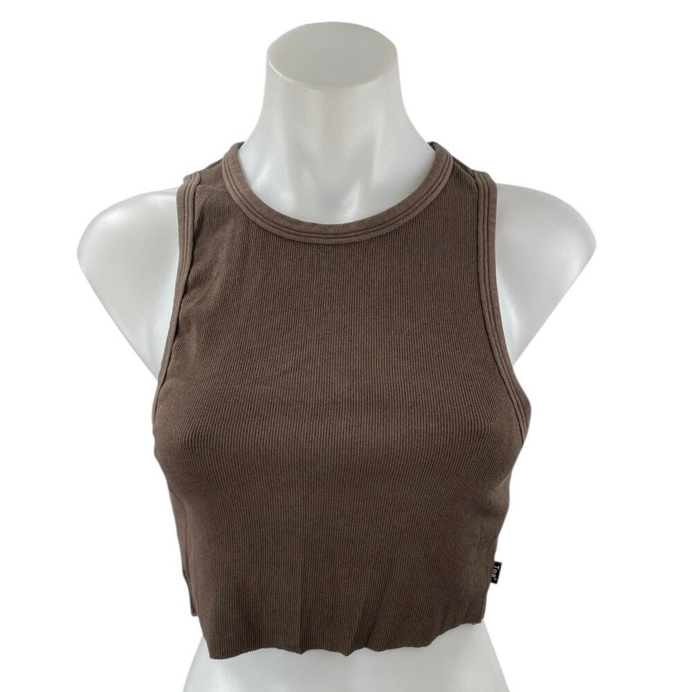 Aritzia TNA Women Brown Sculpt Sleeveless High Neck Rib Knit Tank Crop Top Sz M